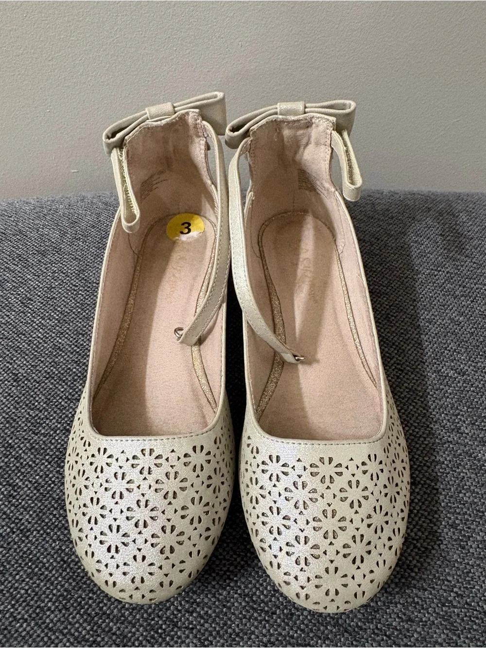 Self Esteem Cream Laser-Cut Ankle Strap Flats for Girls